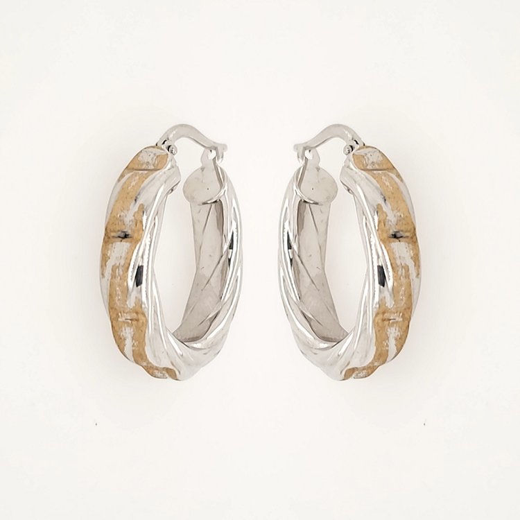 30109 14K  TWO-TONE 1" 5.15MM   WIDE DIAMOND CUT SATIN FINISH  HOOPS