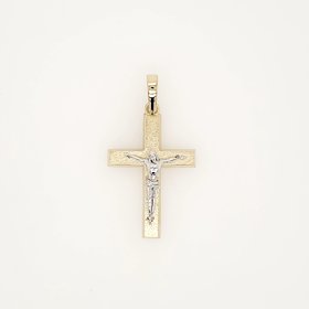 77226 14K 2 TONE 1.15" SATIN CENTER AND HIGH POLISH BORDERS CRUCIFIX