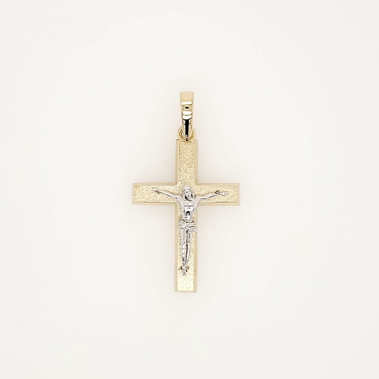 77226 14K 2 TONE 1.15" SATIN CENTER AND HIGH POLISH BORDERS CRUCIFIX