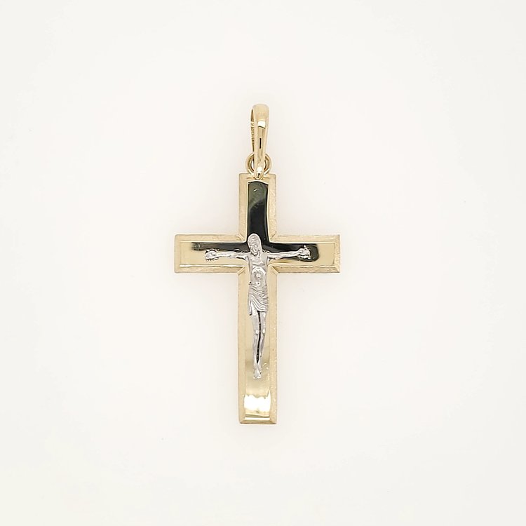 77227 14K 2 TONE 1.5" HIGH POLISH CENTER WITH SATIN BORDERS CRUCIFIX