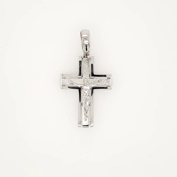 77236 14K WHITE GOLD 1.25" SATIN CENTER HIGH POLISH CUT OUT BOXED CRUCIFIX