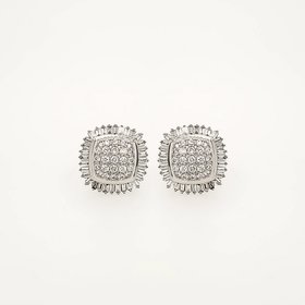30777 14K WHITE GOLD .95CTW  BAGUETTE HALO PAVE SET SUNFLOWER  STUDS EARRINGS