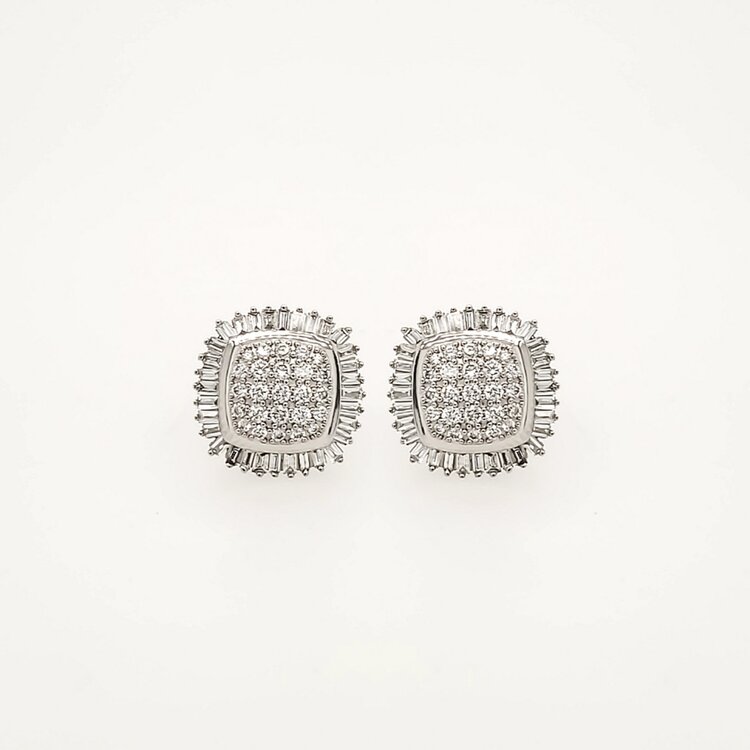 30777 14K WHITE GOLD .95CTW  BAGUETTE HALO PAVE SET SUNFLOWER  STUDS EARRINGS