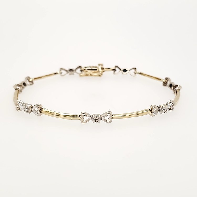 20249 14K TWO TONE DIAMOND BAR AND HEARTS  BRACELET