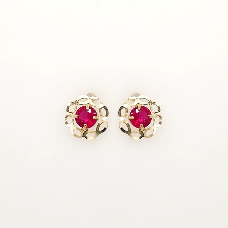 30783 14K YELLOW GOLD SYNTHETIC RUBY INFINTY DESIGN FLOWER EARRING STUDS