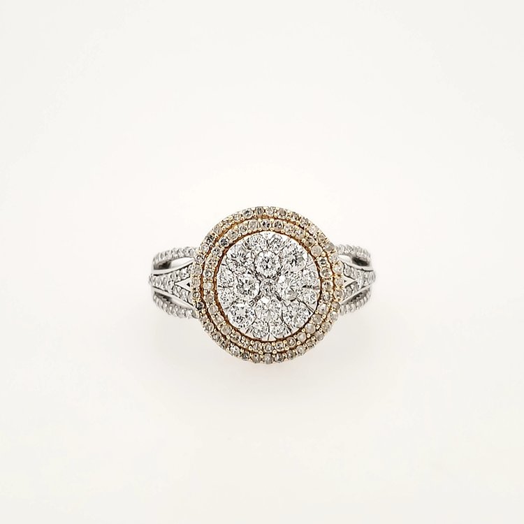 40193 10K 2 TONE 1TCW DIAMOND CLUSTER DOUBLE HALO LADIES RING