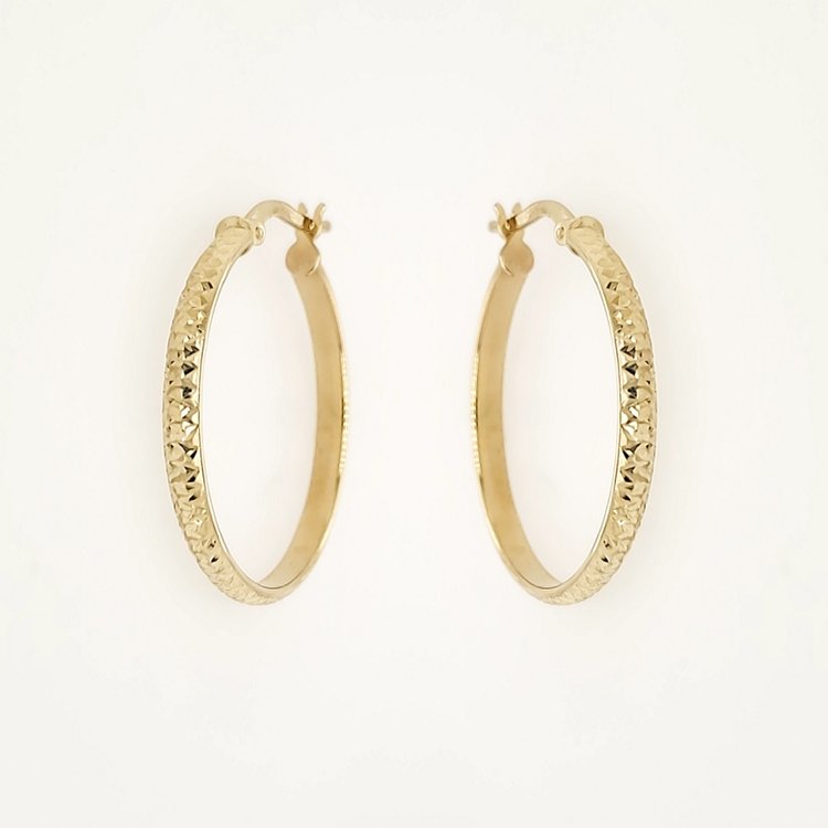 30790 14K YELLOW GOLD HAMMERED STYLE DESIGN HOOP EARRINGS