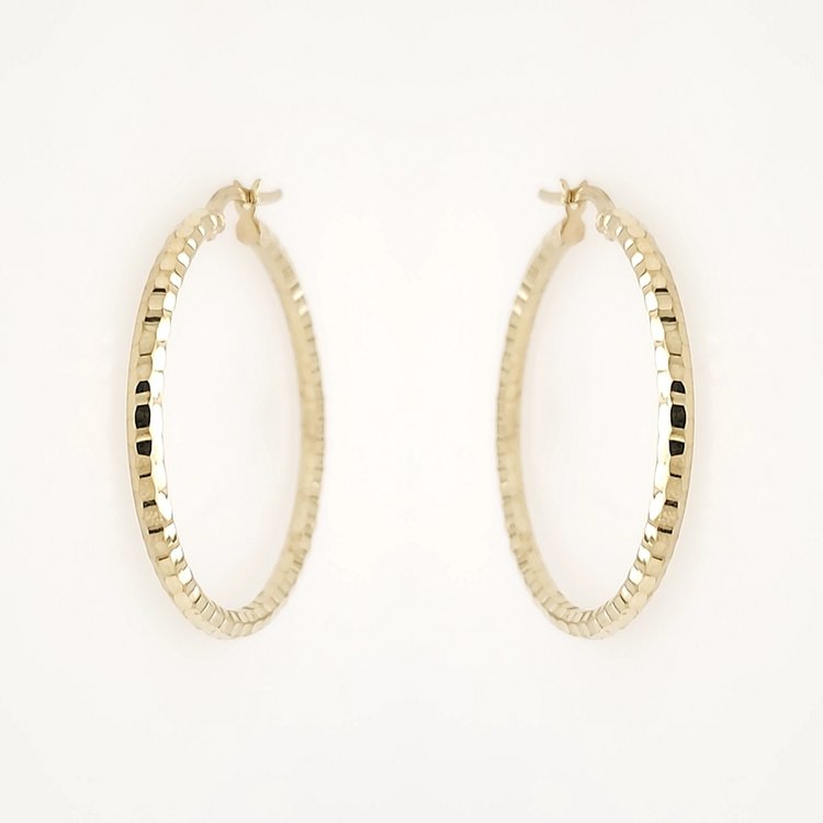 30788 14K YELLOW GOLD 1.5" TUBE  DIAMOND CUT DESIGN HOOP EARRINGS