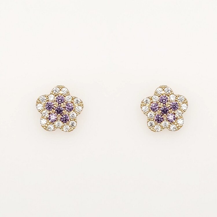 30806 14K YELLOW GOLD 7.80MM PURPLE AND CLEAR CUBIC ZIRCONIA FLOWER STUD SCREWBACK EARRINGS