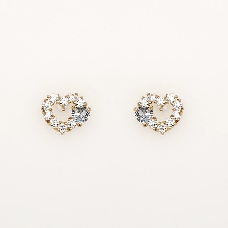 32902 14K YELLOW GOLD BLUE AND CLEAR  CUBIC  ZIRCONIA DOUBLE HEART SCREWBACKS