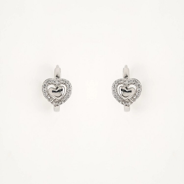 30820 14K WHITE GOLD HIGH POLISH HEART WITH CUBIC ZIRCONIA HALO HUGGIES