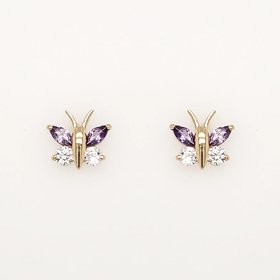 30805 14K YELLOW GOLD SYNTHETIC AMETHYST WITH CLEAR CUBIC ZIRONIA BUTTERFLY STUD SCREWBACK EARRINGS