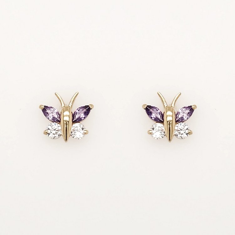30805 14K YELLOW GOLD SYNTHETIC AMETHYST WITH CLEAR CUBIC ZIRONIA BUTTERFLY STUD SCREWBACK EARRINGS