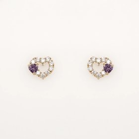 30814 14K YELLOW GOLD DARK PURPLE AND CLEAR CUBIC ZIRCONIA DOUBLE HEART SCREWBACK STUD EARRINGS