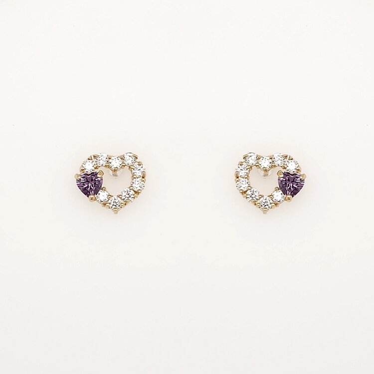 30814 14K YELLOW GOLD DARK PURPLE AND CLEAR CUBIC ZIRCONIA DOUBLE HEART SCREWBACK STUD EARRINGS