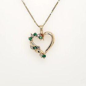 70283 14K YELLOW GOLD DIAMOND AND GENUINE EMERALD OPEN HEART WITH 18" BOX LINK CHAIN PENDANT SET