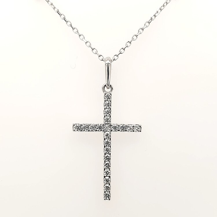 70285 14K WHITE GOLD CUBIC ZIRCONIA CROSS WITH 18" CABLE LINK CHAIN PENDANT SET