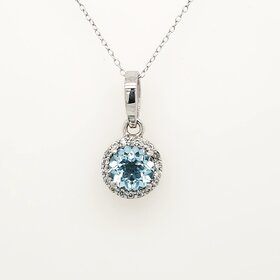 80024 STERLING SILVER ROUND SYNTHETIC BLUE TOPAZ  WITH HALO CUBIC ZIRCONIA  PENDANT
