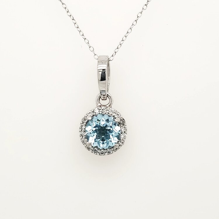 80024 STERLING SILVER ROUND SYNTHETIC BLUE TOPAZ  WITH HALO CUBIC ZIRCONIA  PENDANT
