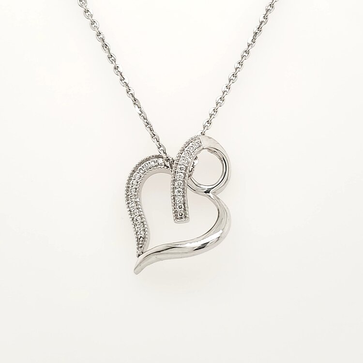 70288 10K WHITE GOLD .10TCW LAB GROWN DIAMOND OPEN SPIRAL HEART PENDANT SET ON ADJUSTABLE CABLE LINK CHAIN