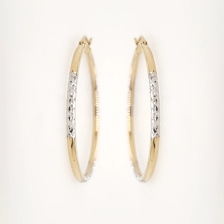 30853 14K TWO TONE GOLD 2MM THICKNESS AND 1.4"  DIAMOND CUT DESIGN HOOPS