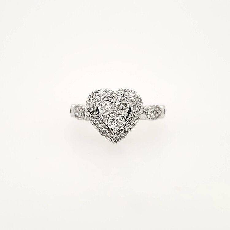 40234 14K WHITE GOLD 1TCW DIAMOND HEART CLUSTER HALO WITH MILGRAIN DESIGN RING