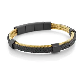 SMBG126 ITALGEM STAINLESS STEEL GOLD BALCK IP CABLE BLACK LEATHER 2 WAY CLASP BANGLE MEN'S BRACELET