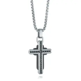SC185-SI ITALGEM STAINLESS STEEL BLACK CUBIC ZIRCONIA BLACK IP CROSS PENDANT SET