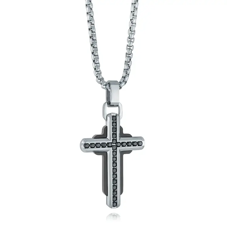 SC185-SI ITALGEM STAINLESS STEEL BLACK CUBIC ZIRCONIA BLACK IP CROSS PENDANT SET