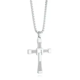 SC163 ITALGEM STAINLESS STEEL CUBIC ZIRCONIA CROSS WITH ROUNDED BOX CHAIN NECKLACE