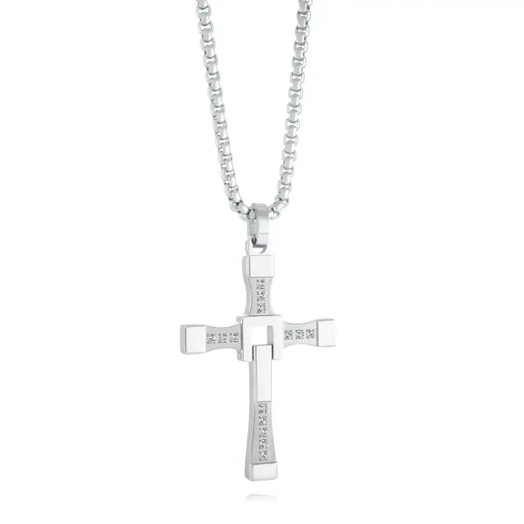 SC163 ITALGEM STAINLESS STEEL CUBIC ZIRCONIA CROSS WITH ROUNDED BOX CHAIN NECKLACE