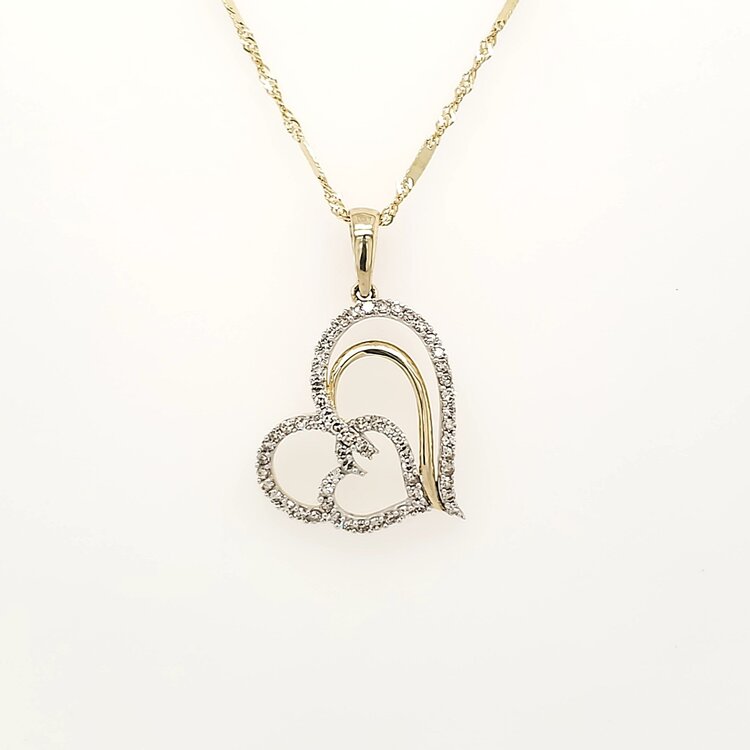 70301 10K YELLOW GOLD .38TCW DIAMOND DOUBLE OPEN HEART PENDANT ON 14K YELLOW GOLD CHAIN