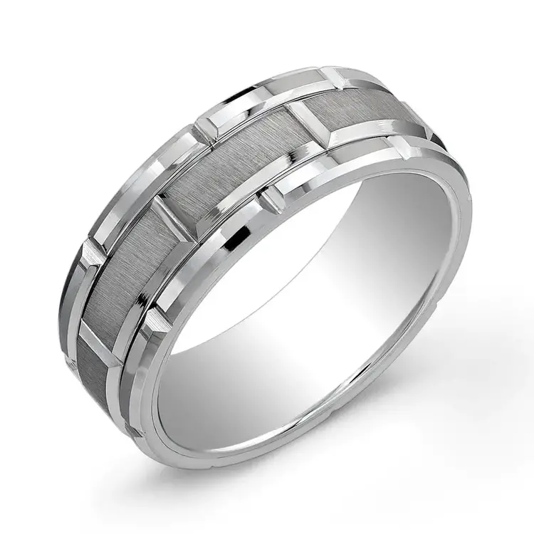 TC24-11 ITALGEM 8MM TUNGSTEN CARBIDE RECTANGULAR GREY CENTER (SIZE 11) MEN'S RING