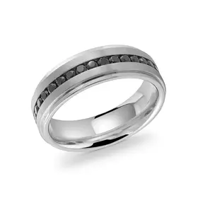 SMR49-10 ITALGEM STAINLESS STEEL 7MM BRUSHED AND HIGHH POLISH FINISH BLACK CUBIC ZIRCONIA (SIZE 10) MEN'S RING