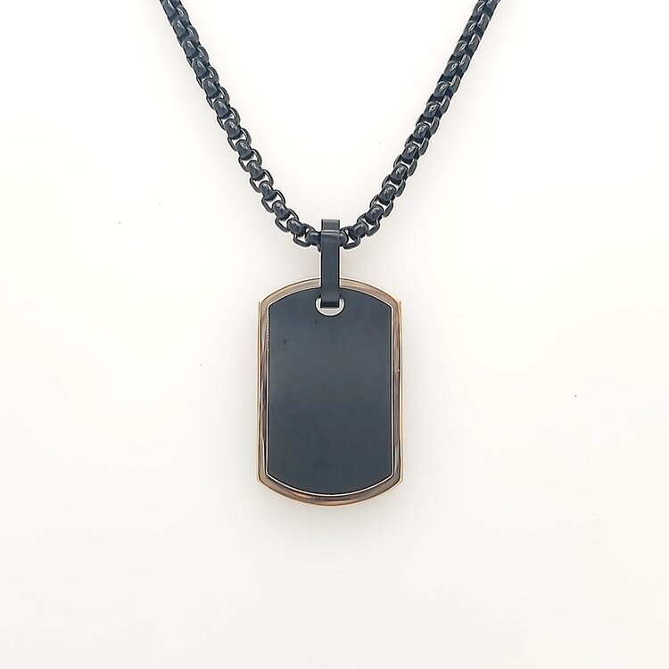 SP129-RO-BK ITALGEM STAINLESS STEEL MATTE AND POLISHED FINISH BLACK IP DOGTAG WITH 22" ROUND BOX CHAIN PPENDANT SET