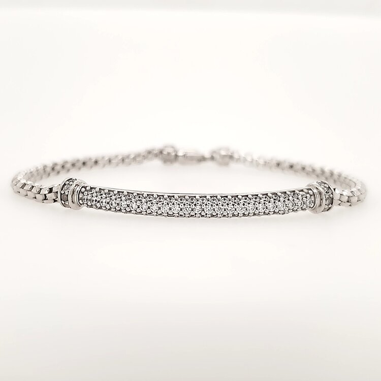 20270 14K WHITE GOLD PAVE SET CUBIC ZIRCONIA BAR ROUNDED BOX LINK BRACELET