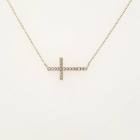 75039 14K YELLOW GOLD .10CTW DIAMOND SIDEWAYS CROSS NECKLACE