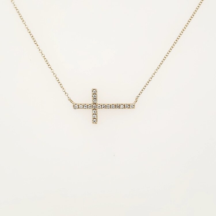 75039 14K YELLOW GOLD .10CTW DIAMOND SIDEWAYS CROSS NECKLACE