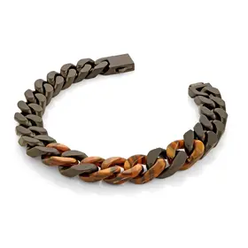 SMB607 ITALGEM STAINLESS STEEL 8.5" BLACK MATTE TIGER EYE ACETATE CURB LINK MEN'S BRACELET