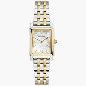 bulova 042429594074  BULOVA SUTTON COLLECTION 21MM 2 TONE STAINLESS STEEL RECTANGLE CASE MOTHER OF PEARL DIAL LADIES WATCH