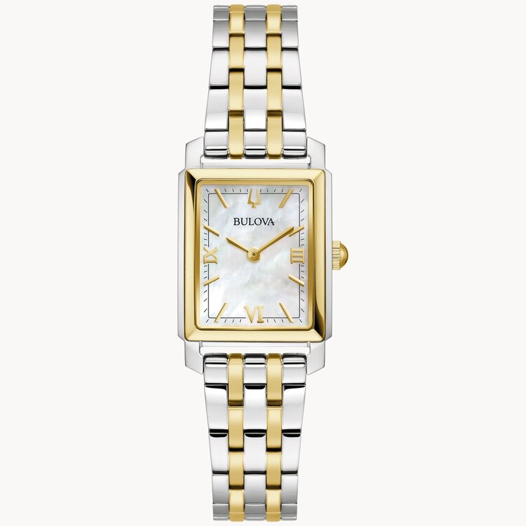 bulova 042429594074  BULOVA SUTTON COLLECTION 21MM 2 TONE STAINLESS STEEL RECTANGLE CASE MOTHER OF PEARL DIAL LADIES WATCH