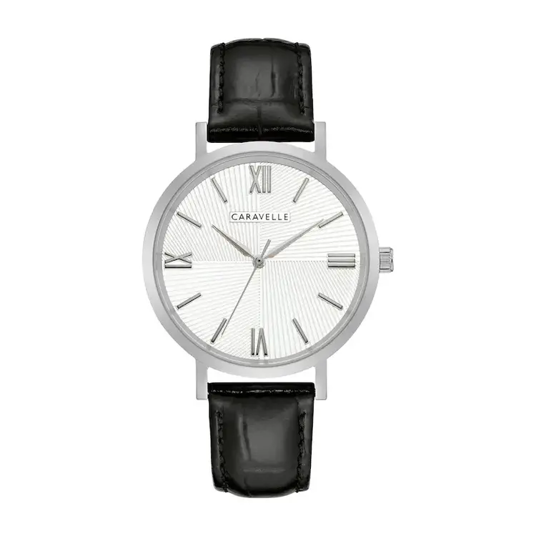042429577510 CARAVELLE SILVER DIAL BLACCK LEATHER BAND DRESS CLASSIC MEN'S WATCH