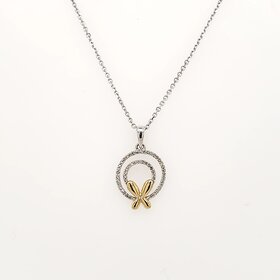 70507 SS WITH 10K BUTTERFLY .10CTW DIAMOND TWO CIRCLE PENDANT SET