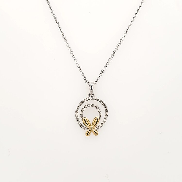 70507 SS WITH 10K BUTTERFLY .10CTW DIAMOND TWO CIRCLE PENDANT SET