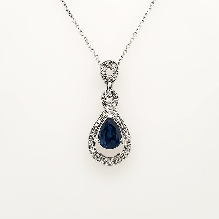 71295 14K WHITE GOLD .20TCW DIAMOND AND BLUE SAPPHIRE PEAR SHAPE DROP PENDANT SET