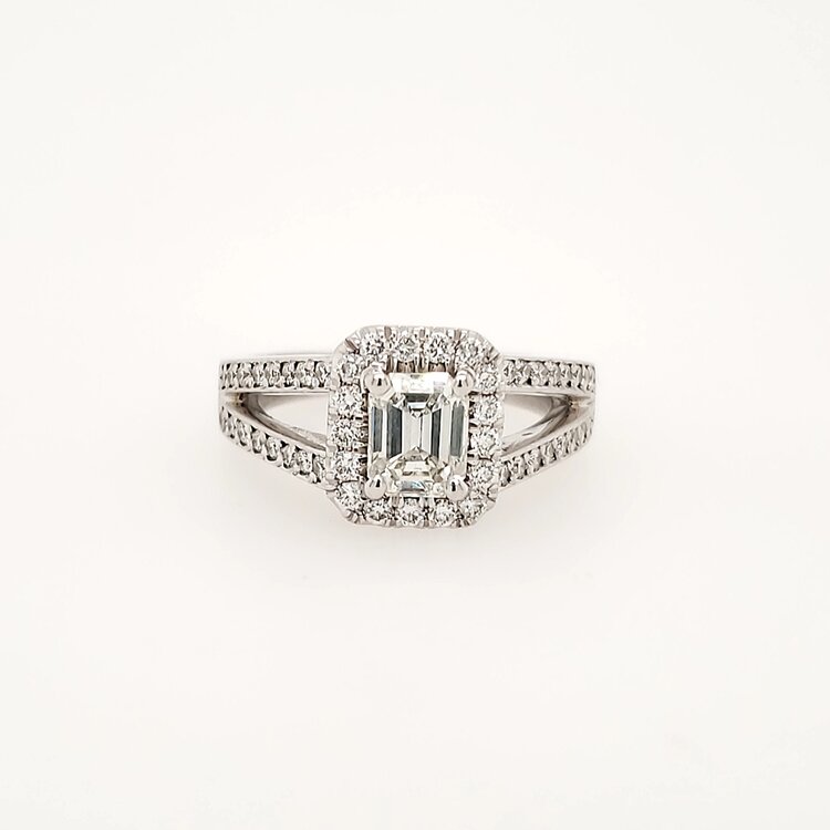 475169 14K WHITE GOLD .83CT CENTER I COLOR SI1 EMERALD CUT .70CT DIAMOND HALO OPEN SHANK ENGAGEMENT RING