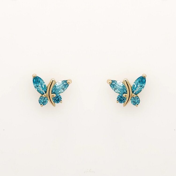 30932 14K YELLOW GOLD TURQOUISE CUBIC ZIRCONIA BUTTERFLY SCREWBACKS BABY EARRINGS