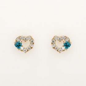 30931 14K YELLOW GOLD TURQOUISE AND WHITE CUBIC ZIRCONIA CUT OUT DOUBLE HEART SCREWBACKS BABY EARRINGS