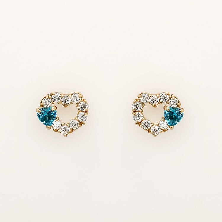 30931 14K YELLOW GOLD TURQOUISE AND WHITE CUBIC ZIRCONIA CUT OUT DOUBLE HEART SCREWBACKS BABY EARRINGS