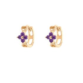 30498  14K YELLOW GOLD PURPLE FLOWER CUBIC ZIRCONIA HEARTS HUGGIES